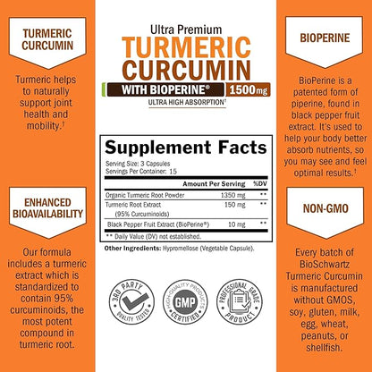 Turmeric Curcumin with Black Pepper Extract 1500mg - High Absorption Ultra Potent Turmeric Supplement with 95% Curcuminoids and BioPerine - Non GMO Tumeric Capsules for Joint Support - 45 Capsules