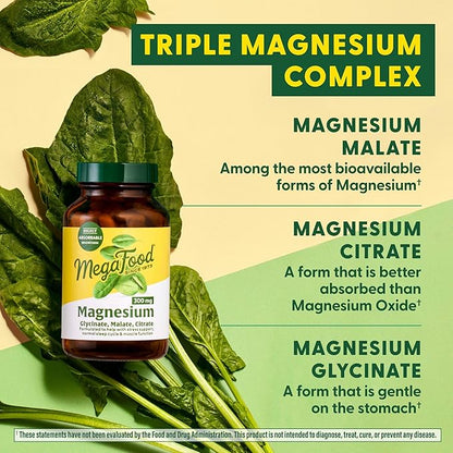 MegaFood Magnesium 300 mg - Highly Absorbable Blend of Magnesium Glycinate, Citrate & Malate to Help Support Heart, Nerve Health & Relaxation - 120 Capsules (60 Servings)