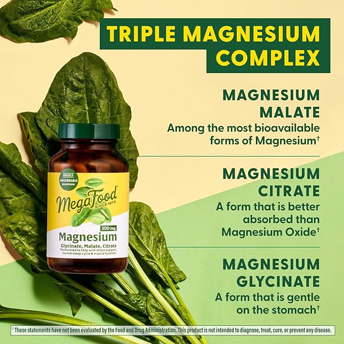 MegaFood Magnesium 300 mg - Highly Absorbable Blend of Magnesium Glycinate, Citrate & Malate to Help Support Heart, Nerve Health & Relaxation - 60 Capsules (30 Servings)