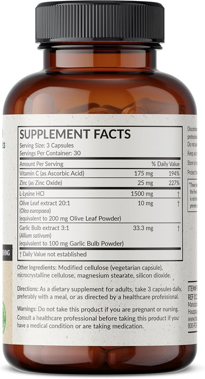 Futurebiotics L-Lysine Defense Immune Support Complex 1500 MG Per Serving with Vitamin C, Zinc, Olive Leaf & Garlic - Non-GMO, 90 Vegetarian Capsules