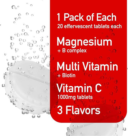Effervescent Variety Pack with Vitamin C 1000mg, Magnesium + B Complex, Multivitamin + Biotin, 3-Pack, 60 Tablets