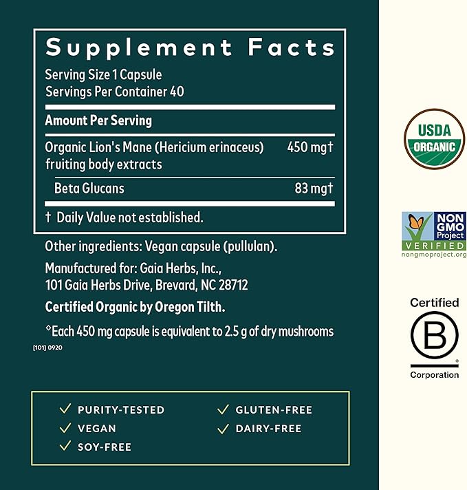 Gaia Herbs Lion’s Mane Mushroom - Brain & Nerve Health Support - 40 Vegan Capsules