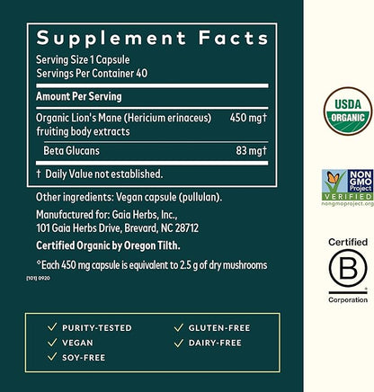 Gaia Herbs Lion’s Mane Mushroom - Brain & Nerve Health Support - 40 Vegan Capsules