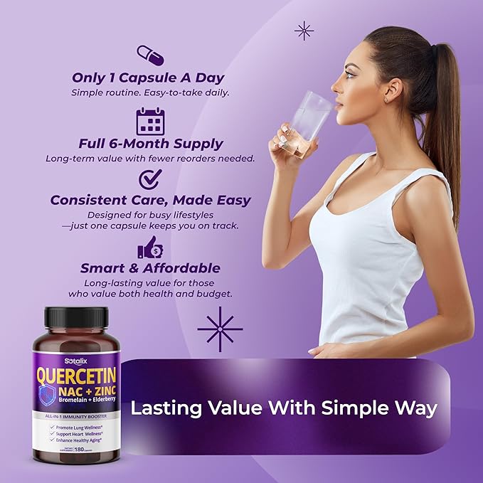 Premium Quercetin 98% High Purity with Bromelain, Zinc, Vitamin D3 2000 IU, Elderberry - Cardiovascular Respiration Immune Support for Adult Kids - 180 Day Supply