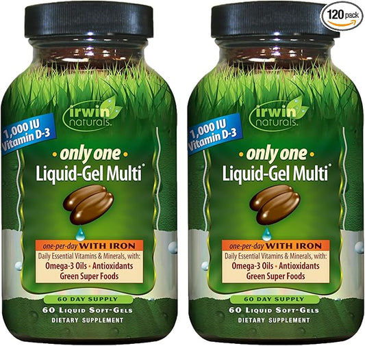 Irwin Naturals Only One Liquid-Gel Multi with Iron - 60 Liquid Soft-Gels, Pack of 2 - Omega-3 Oils, Antioxidants & Green Super Foods - 120 Total Servings