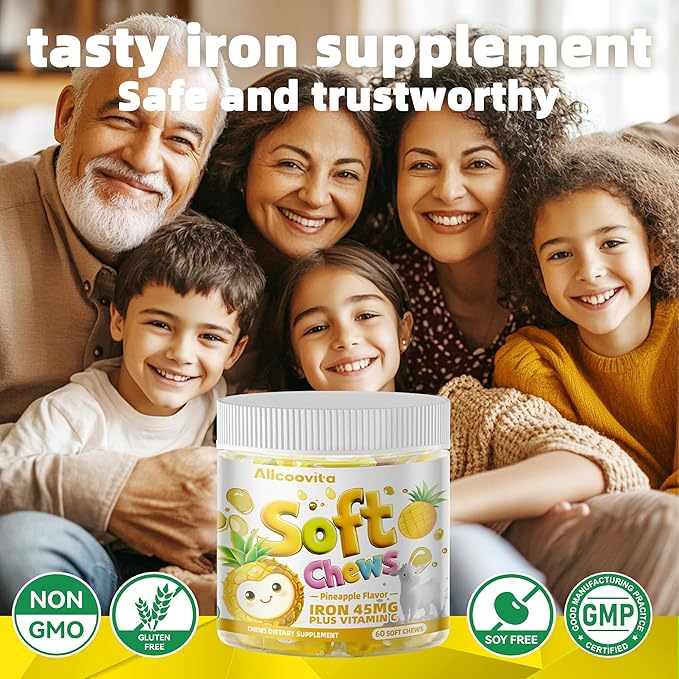 Iron Soft Chew Supplement with Vitamin C | Pineapple Flavored | Gluten Free | Iron Supplement for Women Men and Kids | 60 Count | 2 Month Supply