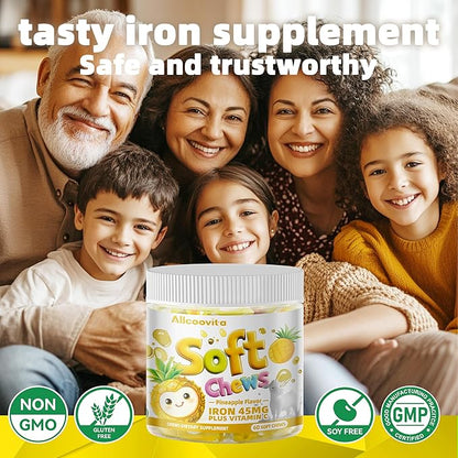 Iron Soft Chew Supplement with Vitamin C | Pineapple Flavored | Gluten Free | Iron Supplement for Women Men and Kids | 60 Count | 2 Month Supply