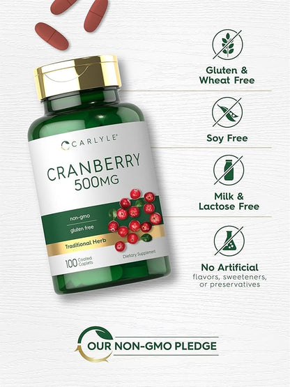 Carlyle Cranberry Pills | 500mg | 100 Caplets | Non-GMO, Gluten Free Supplement for Women & Men