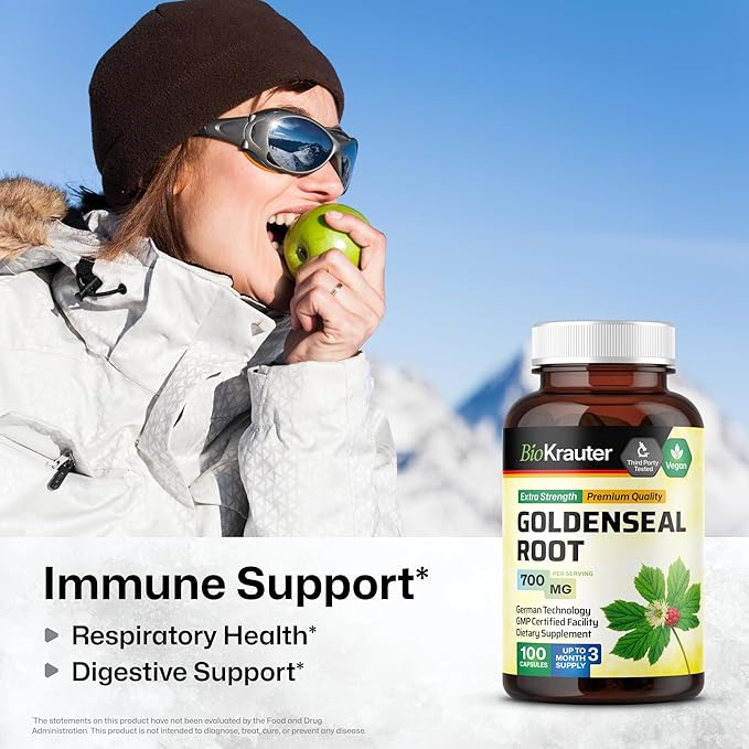 BIO KRAUTER Goldenseal Root Capsule 700 mg - 100 Golden Seal Powder Caps - Respiratory & Digestive Support - Vegan, No Fillers