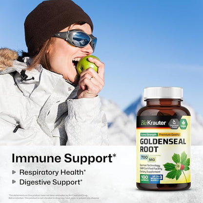 BIO KRAUTER Goldenseal Root Capsule 700 mg - 100 Golden Seal Powder Caps - Respiratory & Digestive Support - Vegan, No Fillers