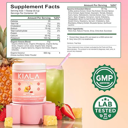 Kiala Nutrition Super Greens, Organic Greens Powder with Spirulina & Chlorella for Digestion, Gut Health, Immunity & Energy, Gluten Free, Vegan, Mixed Berry + Miami Vice, 30 Servings