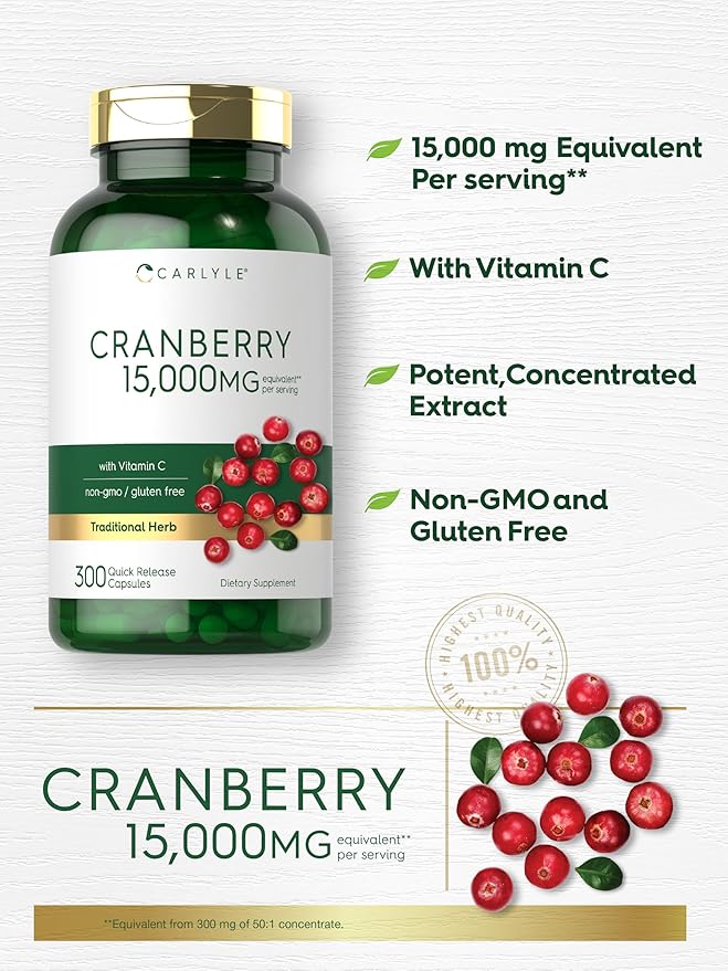 Carlyle Cranberry Pills 15000mg | 300 Capsules | Herb Extract Supplement | for Women and Men | with Vitamin C | Non-GMO & Gluten Free