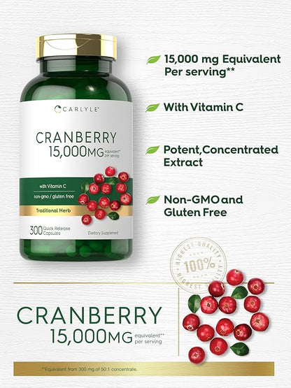Carlyle Cranberry Pills 15000mg | 300 Capsules | Herb Extract Supplement | for Women and Men | with Vitamin C | Non-GMO & Gluten Free