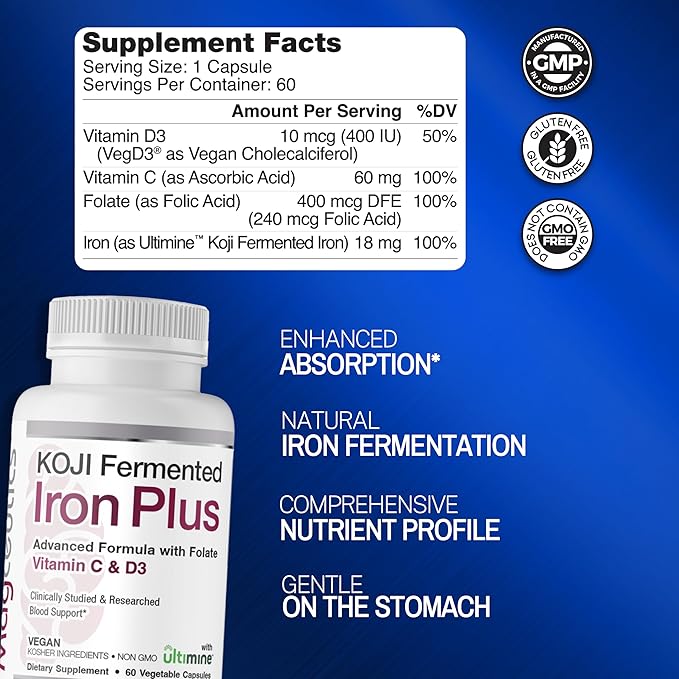 Koji Fermented Iron Plus - Iron Supplement with Vitamin C, Vitamin D3 and Folate for Blood Support, Easily Absorbed and Bioavailable, Stomach Friendly, Vegan, Non-GMO - 60 Capsules