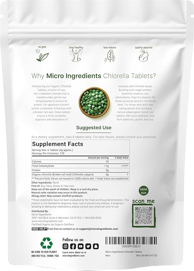 Organic Chlorella Tablets, 500mg Per Tablet, 720 Tabs (360 Grams), 4 Months Supply, Broken Cell Wall, Rich in Vegan Protein & Vitamins, No Filler, No Additives & Non-GMO | Pure Green Algae Superfood