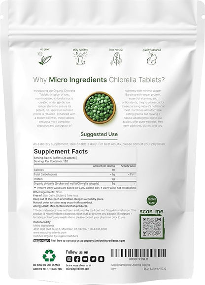 Organic Chlorella Tablets, 500mg Per Tablet, 720 Tabs (360 Grams), 4 Months Supply, Broken Cell Wall, Rich in Vegan Protein & Vitamins, No Filler, No Additives & Non-GMO | Pure Green Algae Superfood