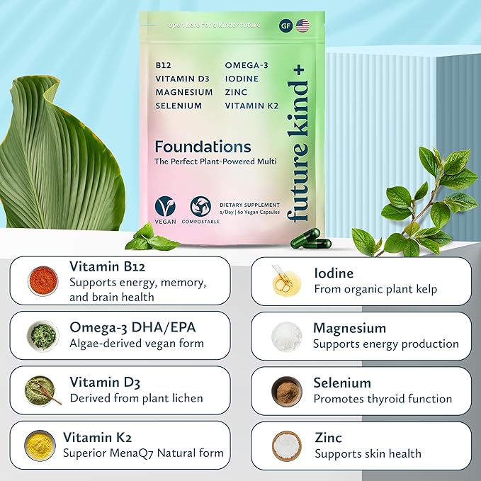 Future Kind Carrageenan-Free Foundations Multivitamin for Women & Men with Omega-3, B12, D3, Zinc, Iodine, Magnesium, K2 & Selenium, Vegan, Compostable Bag (60ct)
