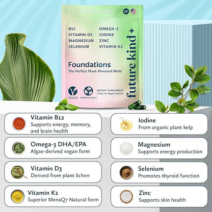 Future Kind Carrageenan-Free Foundations Multivitamin for Women & Men with Omega-3, B12, D3, Zinc, Iodine, Magnesium, K2 & Selenium, Vegan, Compostable Bag (60ct)