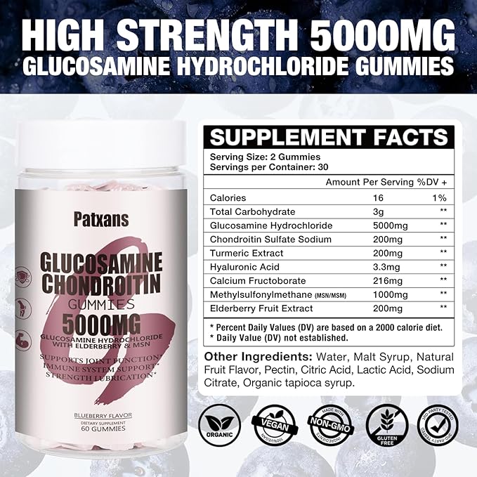 1Pack 5000MG Glucosamine Chondroitin Gummies with MSM & Elderberry Extra Strength - Joint Support, Antioxidant Immune Support Supplement for Adults, Men & Women, Blueberry Flavor, 60 Count.