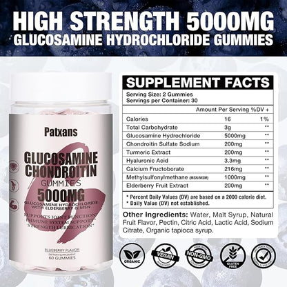 1Pack 5000MG Glucosamine Chondroitin Gummies with MSM & Elderberry Extra Strength - Joint Support, Antioxidant Immune Support Supplement for Adults, Men & Women, Blueberry Flavor, 60 Count.