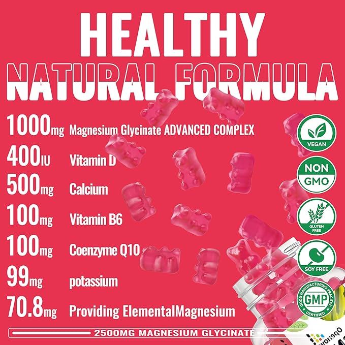 Magnesium Glycinate Gummies 2500mg - Sugar Free Magnesium Potassium Supplement with Vitamin D, B6, CoQ10 for Calm Mood & Sleep Support - 90 Watermelon Gummies