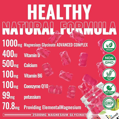 Magnesium Glycinate Gummies 2500mg - Sugar Free Magnesium Potassium Supplement with Vitamin D, B6, CoQ10 for Calm Mood & Sleep Support - 90 Watermelon Gummies