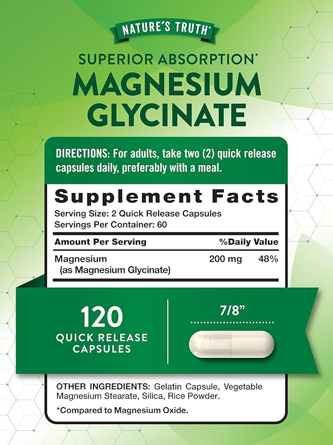 Nature's Truth Magnesium Glycinate 200mg | 120 Capsules | High Absorption Chelated Magnesium | Non-GMO & Gluten Free Mineral Supplement