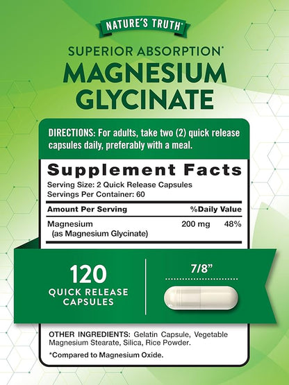 Nature's Truth Magnesium Glycinate 200mg | 120 Capsules | High Absorption Chelated Magnesium | Non-GMO & Gluten Free Mineral Supplement