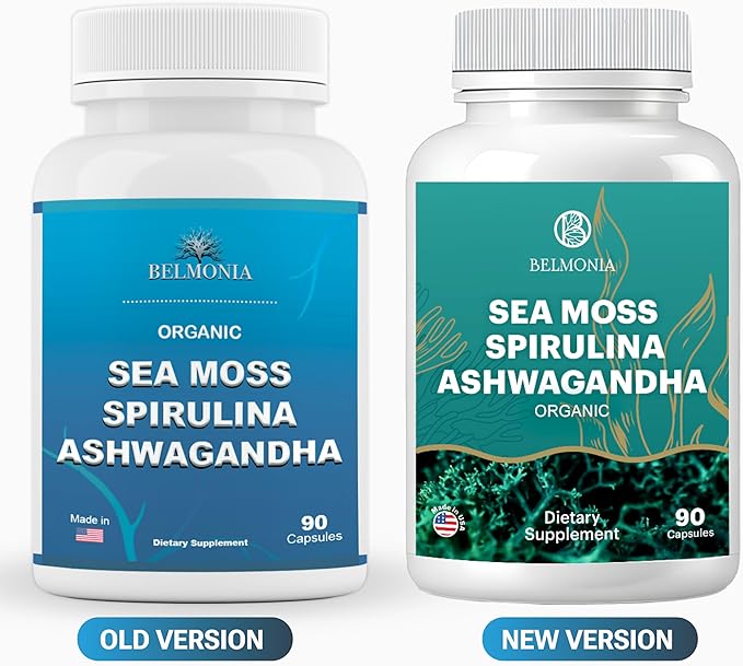 Sea Moss Capsules with Spirulina and Ashwagandha Capsules, 100% Organic Irish Moss, Strength & Endurance- High Potency Sea Moss Supplement, 90 Count Made in USA, Superfood Supplements