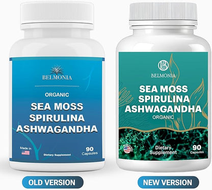 Sea Moss Capsules with Spirulina and Ashwagandha Capsules, 100% Organic Irish Moss, Strength & Endurance- High Potency Sea Moss Supplement, 90 Count Made in USA, Superfood Supplements
