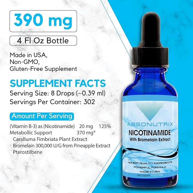Absonutrix Nicotinamide with Bromelain Extract Advanced Formula 390 mg, 4 Oz Liquid, 302 Servings, Made in USA, Quick Absorption, Quality Potent Ingredients, Non-GMO, GMP Certified Facility
