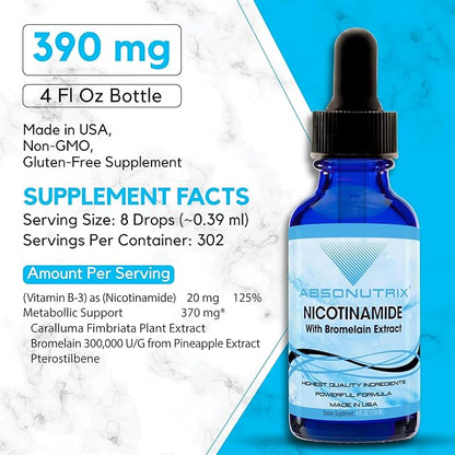 Absonutrix Nicotinamide with Bromelain Extract Advanced Formula 390 mg, 4 Oz Liquid, 302 Servings, Made in USA, Quick Absorption, Quality Potent Ingredients, Non-GMO, GMP Certified Facility