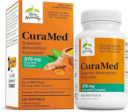 Terry Naturally CuraMed 375mg - Antioxidant Supplement for Brain & Immune Health Support - Dietary Supplement with Curcumin & Turmeric Essential Oil - Herbal Liver Support - 120 Softgels