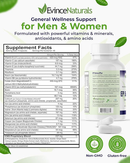 EP BalancePlus Multivitamin for Adults - Multivitamin for Men & Women with Vitamins and Minerals - Methyl Folate & Amino Acids for Nutritional Support - General Wellness Supplement, 180 Capsules