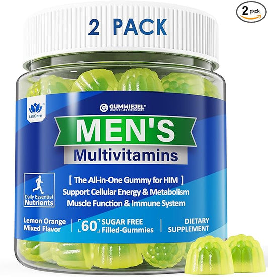 (2 Pack) Multivitamin for Men, Daily Mens Multivitamins & Multiminerals Gummies, Mens Vitamins A C D E B6 B12, Methylfolate, Omega 3, Probiotics, Enzymes for Energy, Immunity, Sugar Free, (No Iron)