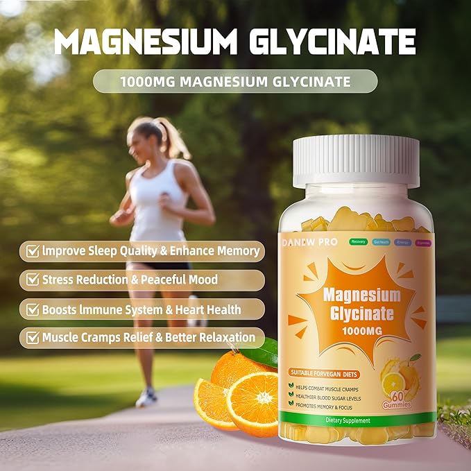 Magnesium Glycinate Gummies 1000mg - Sugar Free Magnesium Potassium Supplement with Vitamin D, B6, CoQ10 for Calm Mood & Sleep Support - 60 Orange Gummies
