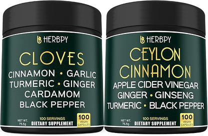 Bundle 7in1 Cloves Supplement & 6in1 Premium Ceylon Cinnamon Supplements - Support Immune, Digestion Health and Body Balance