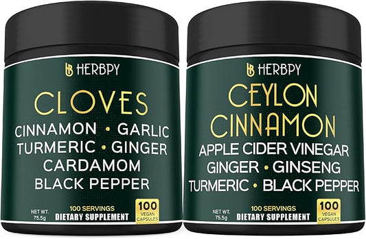 Bundle 7in1 Cloves Supplement & 6in1 Premium Ceylon Cinnamon Supplements - Support Immune, Digestion Health and Body Balance