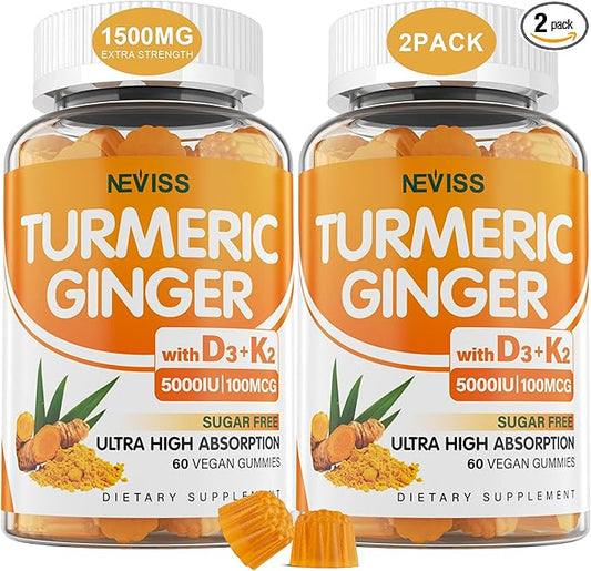 Sugar Free Turmeric Ginger Gummies with 5000 IU Vitamin D3 & K2 (MK7), C - Vegan Turmeric Supplement Gummies for Adults 1500mg with Black Pepper, Supports Bone, Immune & Digestive Health - 120 Cts