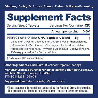 BodyHealth PerfectAmino (600 ct) Easy to Swallow Tablets, Essential Amino Acids Supplement with BCAAs, Vegan Protein for Pre/Post Workout & Muscle Recovery with Lysine, Tryptophan, Leucine, Methionine