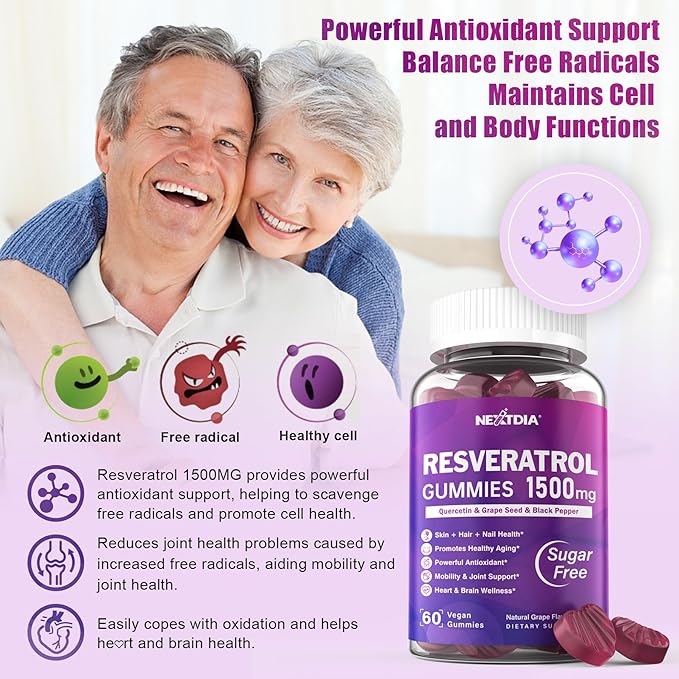 Resveratrol Gummies 1500mg - Sugar Free Resveratrol Supplement with Quercetin, Grape Seed, Acai Berries Extracts Support Antioxidant, Healthy Aging & Longevity, Skin, Brain Wellness - 1Pack