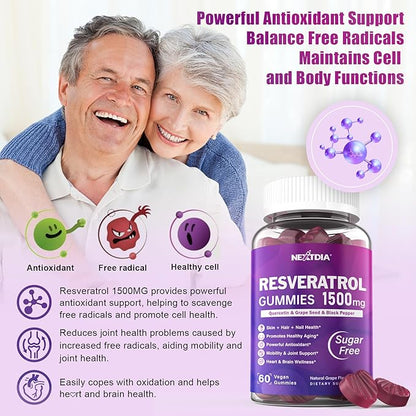 Resveratrol Gummies 1500mg - Sugar Free Resveratrol Supplement with Quercetin, Grape Seed, Acai Berries Extracts Support Antioxidant, Healthy Aging & Longevity, Skin, Brain Wellness - 1Pack