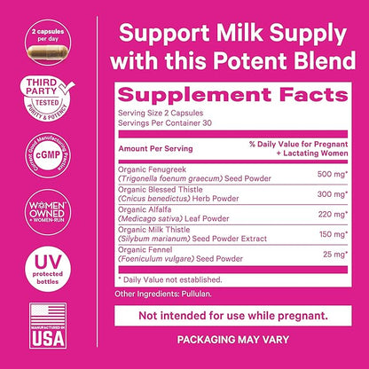 Pink Stork Total Lactation Supplement for Breast Milk Supply, Organic Fenugreek and Alfalfa to Support Breastfeeding, Milk Flow, and Production, Postpartum Essentials - 60 Capsules