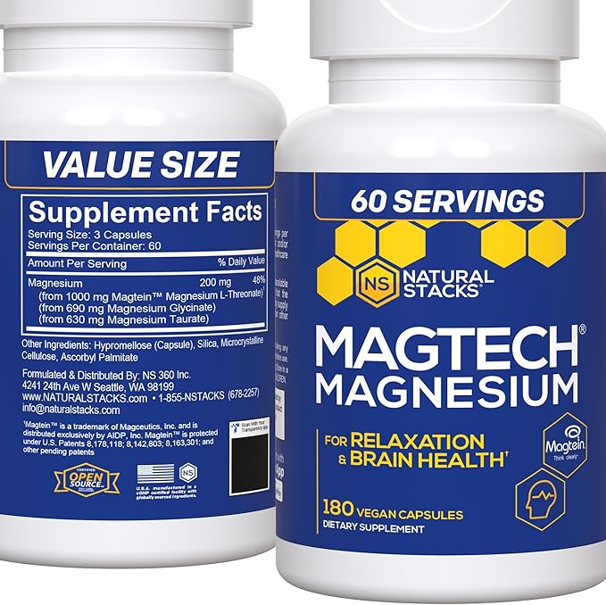 MagTech Magnesium Supplement - 3 Forms of Magnesium: Magtein L-Threonate, Glycinate & Taurate - 200mg Chelated Magnesium Complex - Supports Relaxation & Brain Health - 180 Capsules