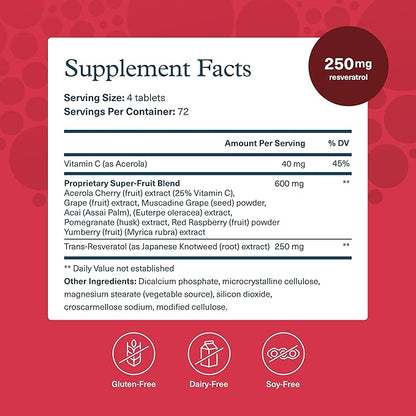 Youtheory Resveratrol Advanced Antioxidant Formula - Premium Antioxidant Supplement with Super-Fruit Blend - Contains ResVida - Dairy, Soy & Gluten Free - 290 Tablets