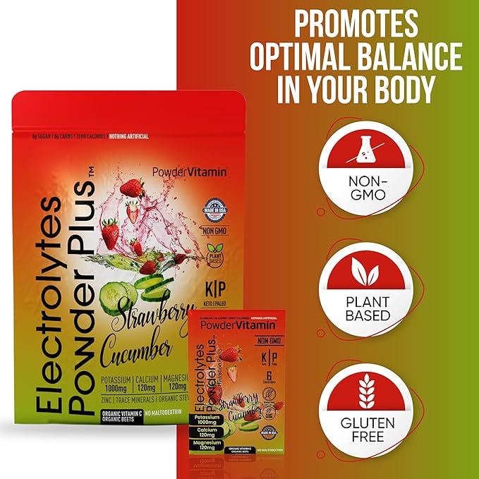 Electrolytes Powder Plus, Keto, Strawberry Cucumber, Sugar Free, Pink Himalayan Salt, 1000mg Potassium, 120mg Calcium, 120mg Magnesium, Non-GMO, Zero Calories, (16 Hydration Packets)