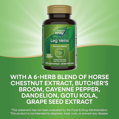 Nature's Way Leg Veins, Supports Healthy Leg Vein Strength*, 6-Herb Blend, With Horse Chestnut Extract, Dandelion, Gluten Free, 120 Vegan Capsules (Packaging May Vary)
