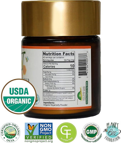 Greenbow Royal Jelly Powder– 100% USDA Certified Organic Royal Jelly, Non-GMO, Gluten Free Royal Jelly, Freeze Dried – One of The Most Nutrition Packed –No Additives/Flavors (42g)