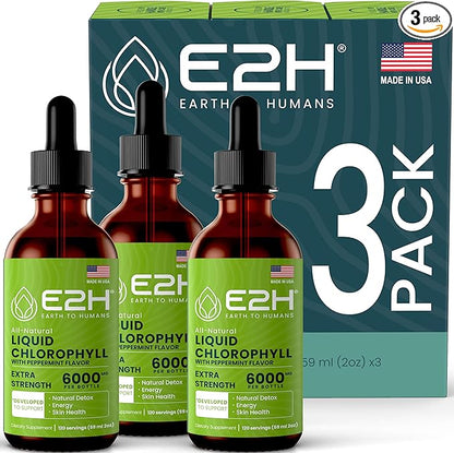 E2H Chlorophyll Liquid Drops - Natural Energy Booster, Immune System Support and Internal Deodorant - Peppermint Flavor - (3 Bottles)