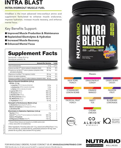 NutraBio Intra Blast Bcaa Powder Amino Acid Supplement, Electrolyte & Hydration Blend, Intra, Pre Workout & Muscle Recovery, 20g Eaa Amino Acids Powder, 5g Glutamine- Grape Berry Crush, 30 Serving